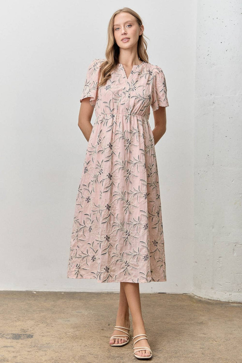 Floral Embroidered Midi Dress - Pink (Curvy)