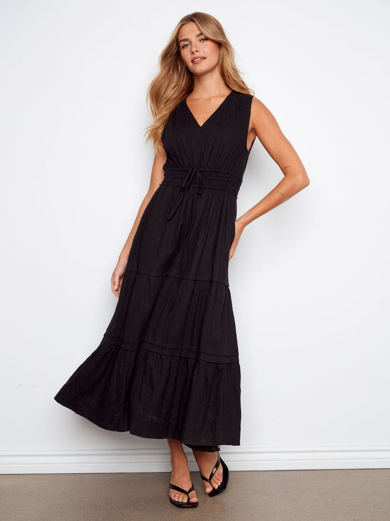 V-Neck Multi-Tiered Long Linen Dress - Black
