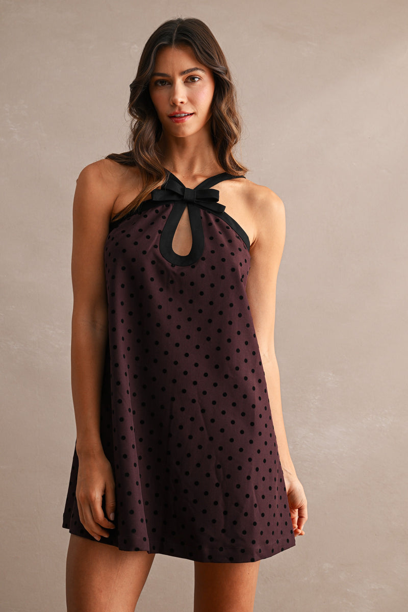 Contrast Trim Bow Polka Dot Mini Dress - Eggplant