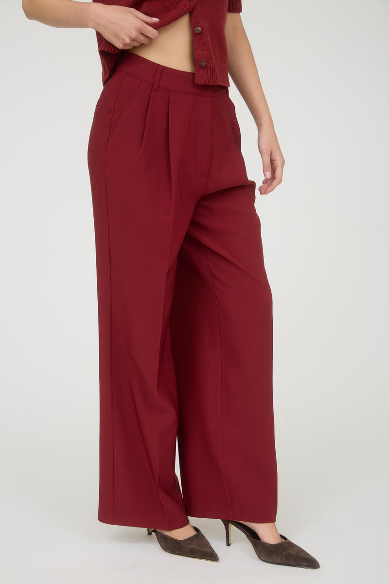 High Waist Pleated Wide Leg Dress Pants Burgundy