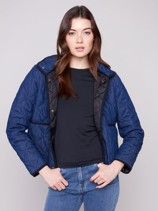 Denim Quilted Puffer Jacket With Removable Hood