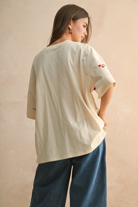 Oversized Cherry Embroidery T-Shirt - Beige