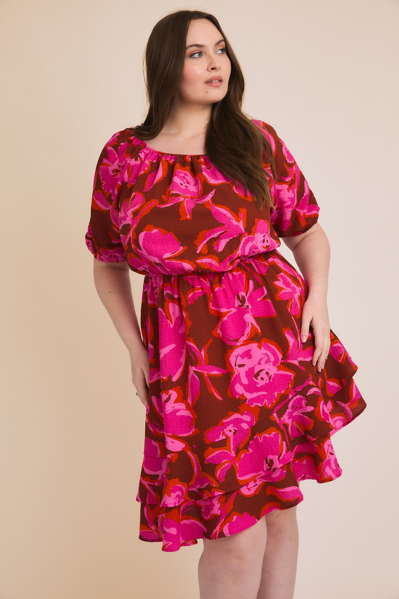 Floral 3/4 Sleeve Dress - Burgundy