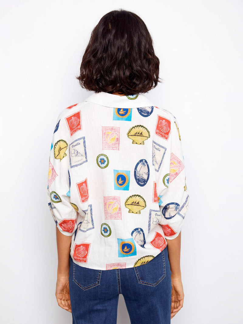 Printed Linen Front Tie Button Down - Postcard