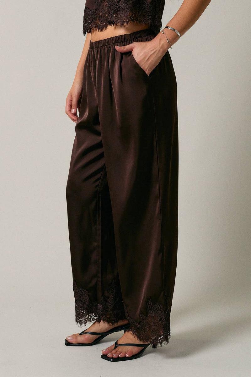 Elastic Waist Lace Trim Wide Leg Pants - Dark Brown