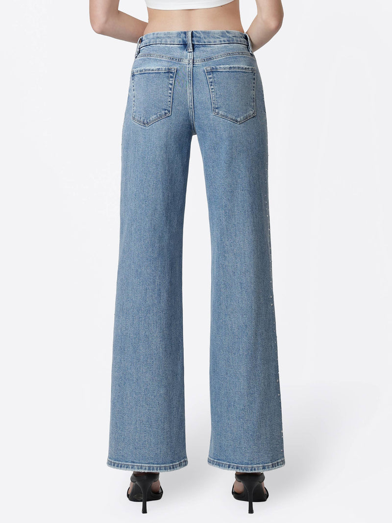Flying Monkey • High Rise Wide Leg Jeans W/ Hotfix Stone Embellishes - Glow