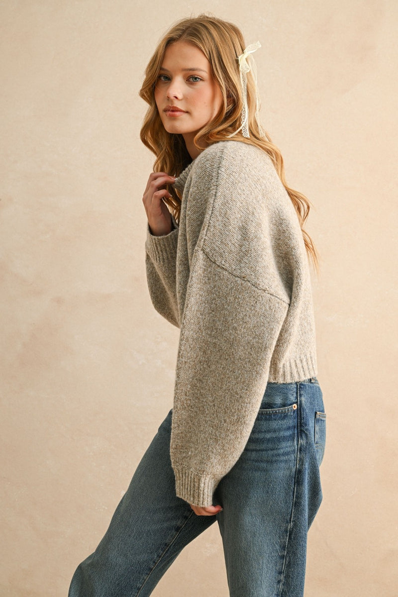 Round Neck Sweater - Heathered Gray-Beige
