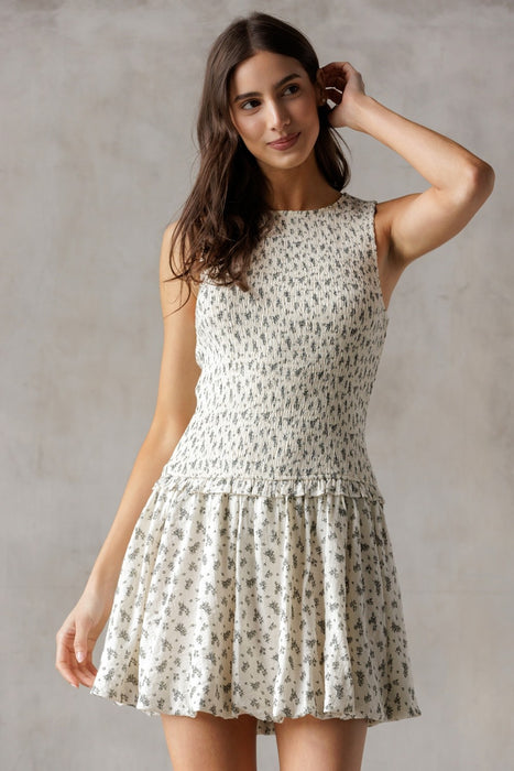 Drop Waist Bubble Hem Floral Mini Dress - Ivory & Black