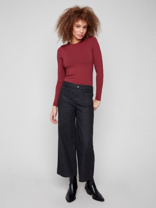 Cropped Patch Pockets Flare Jacquard Pants - Leopard & Black