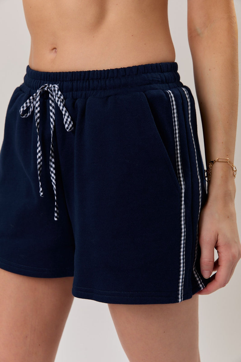 High Waist Gingham Contrast Sweatshorts - Navy