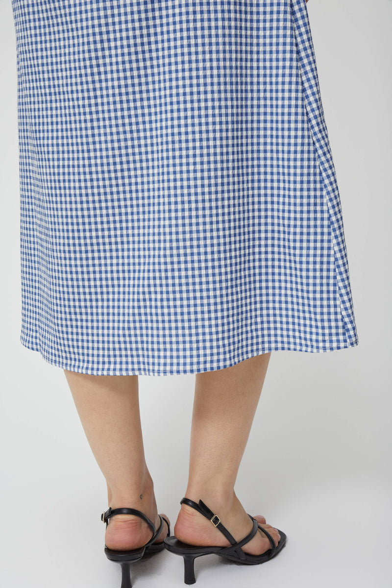 The Madeline Dress | Square Neck Gingham Midi Dress - Blue