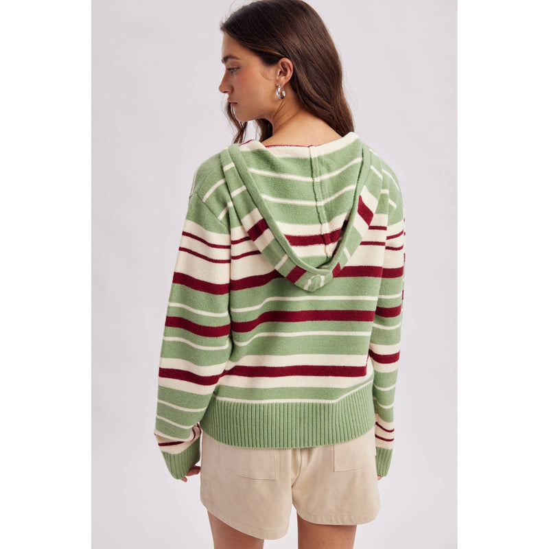 Stripe Sweater Hoodie - Sage & Burgundy