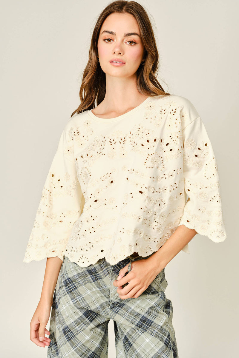Eyelet Terry Long Sleeve Blouse - Ivory