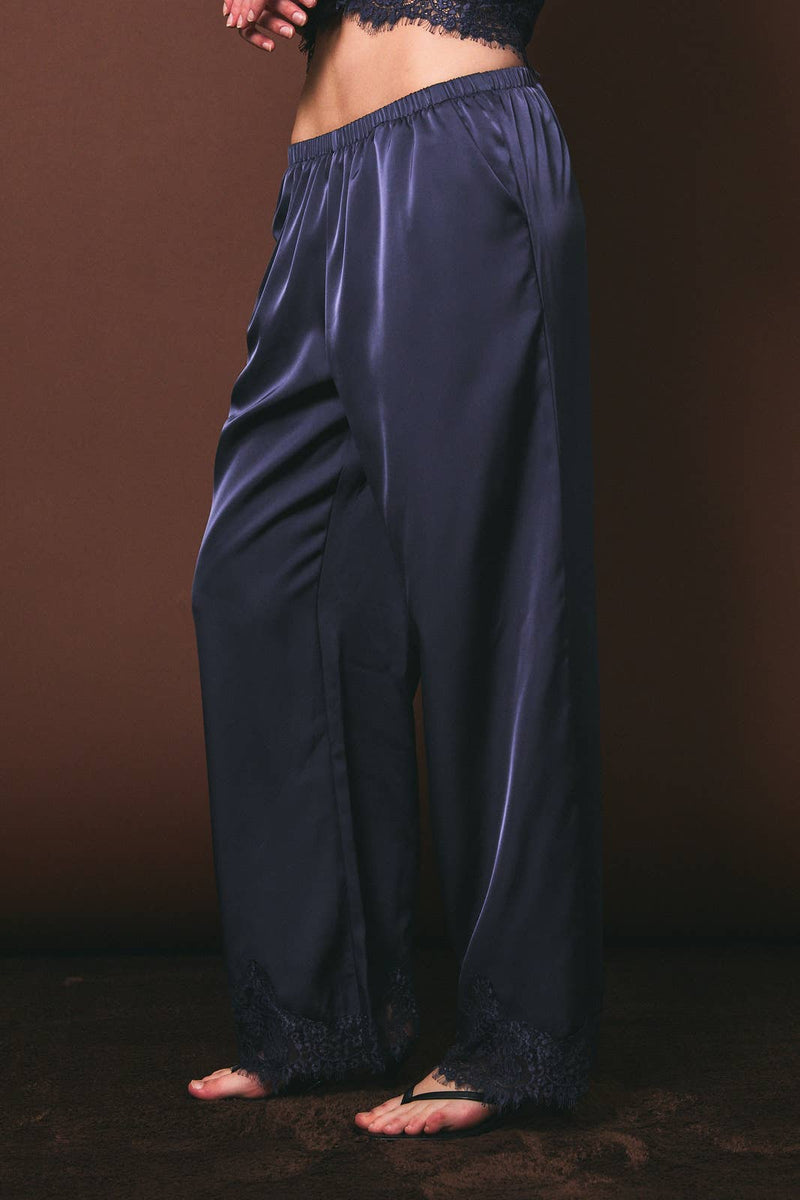 Elastic Waist Lace Trim Wide Leg Pants - Dusty Blue
