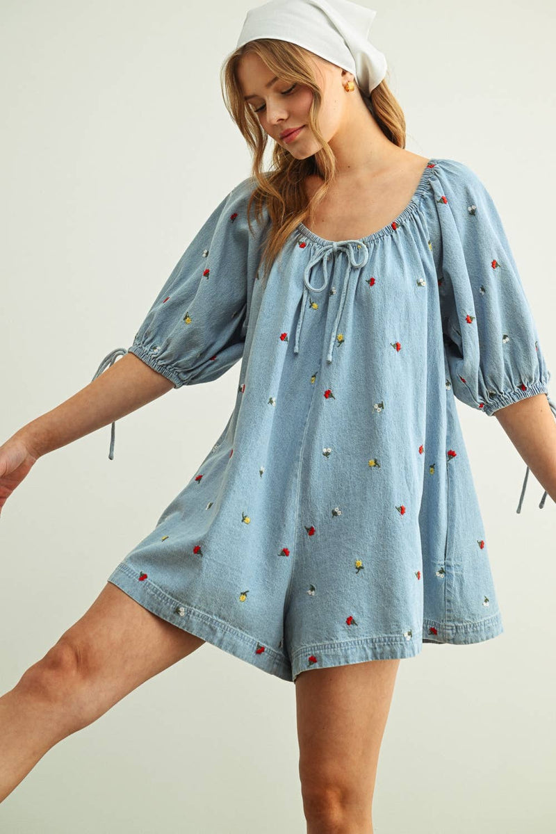 Embroidered Denim Romper with 3/4 Sleeve