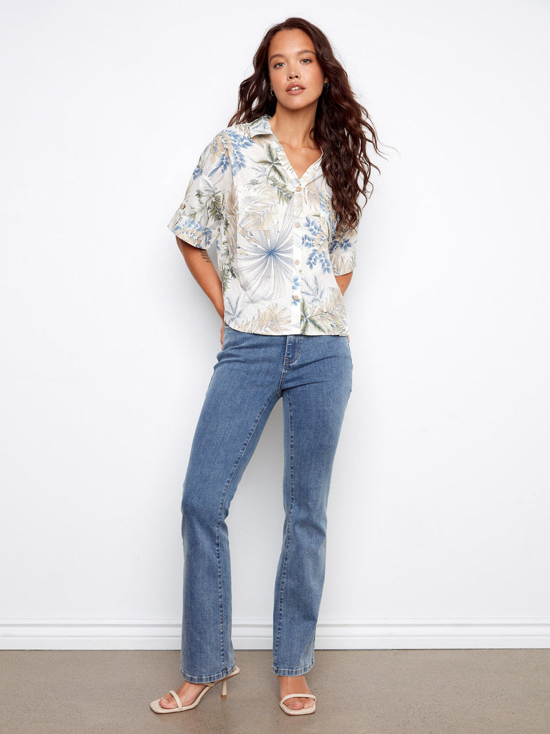 Charlie B • Printed Button-Front Linen Blouse W/ Patch Pockets - Hawaii