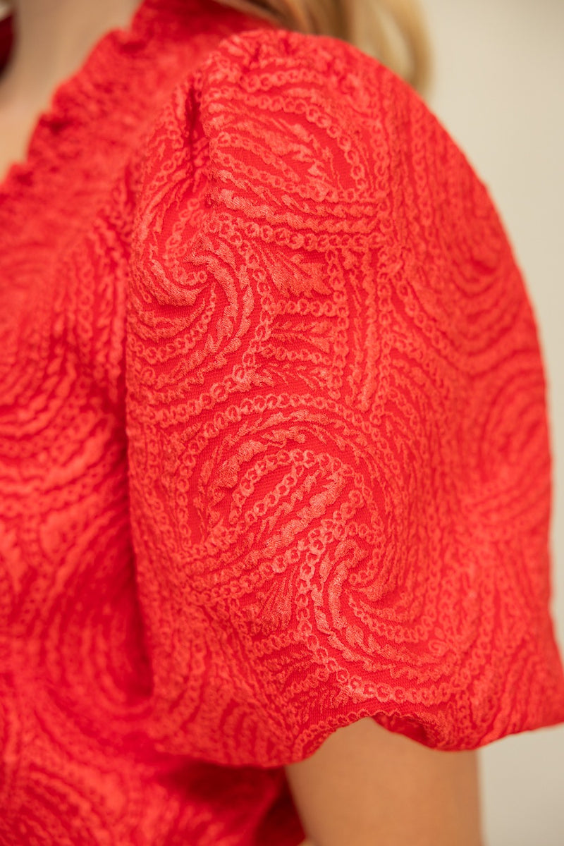 Smocked V Neck Top - Red