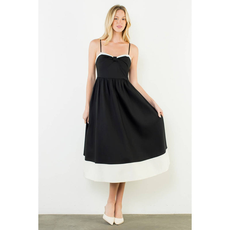 Thin Strap Bow Detail Midi Dress - Black