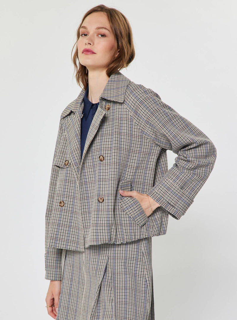 Plaid Cropped Trench Jacket - Navy & Taupe