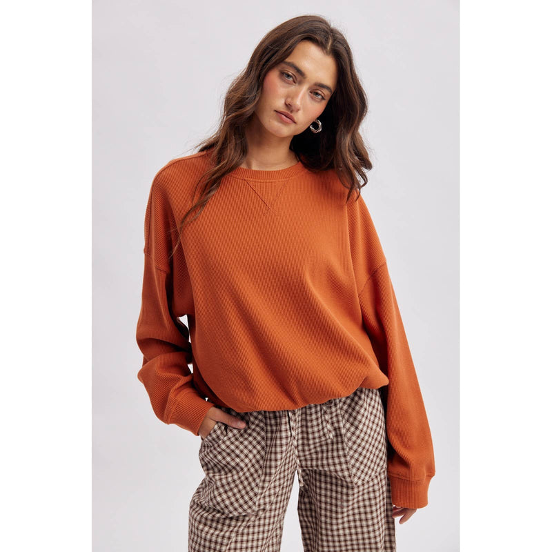 Waffle Knit Pullover - Rust