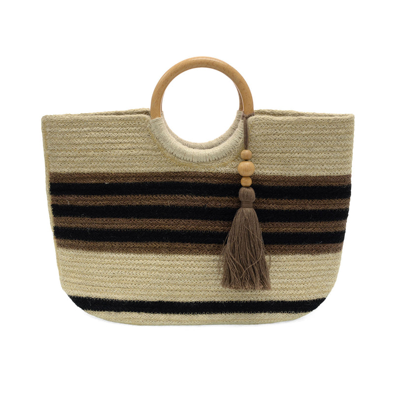 Striped Teagan Wood Handle Jute Tote W/Tassel - Black & Brown