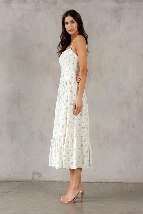 Blue Dot Flower Dress - Cream & Blue