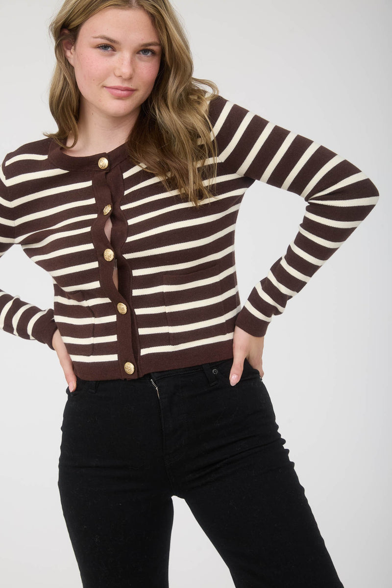 Stripe Gold Button Down Pocket Detail Cardigan-Brown