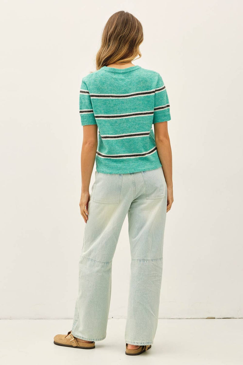 Striped Short Sleeve Cardigan - Green