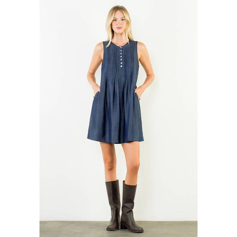 Sleeveless Denim Button Dress - Dark Blue