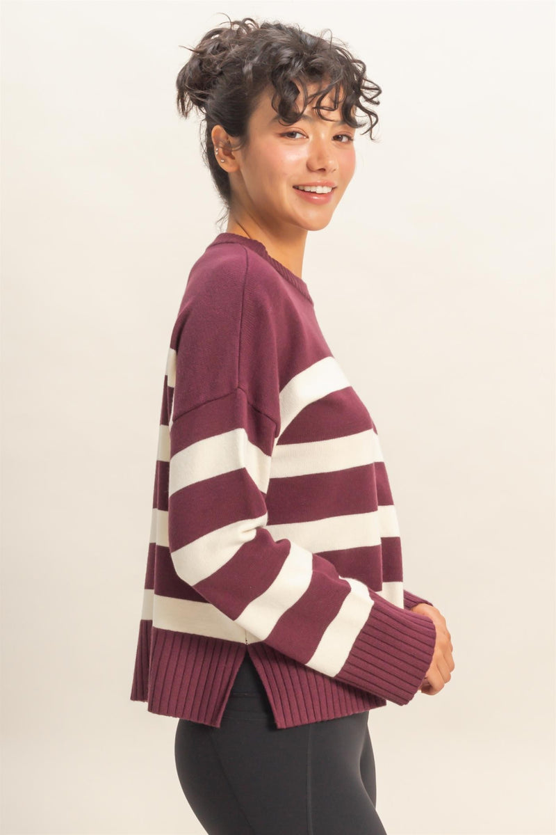 Striped Sweater - Dark Cherry & Cream