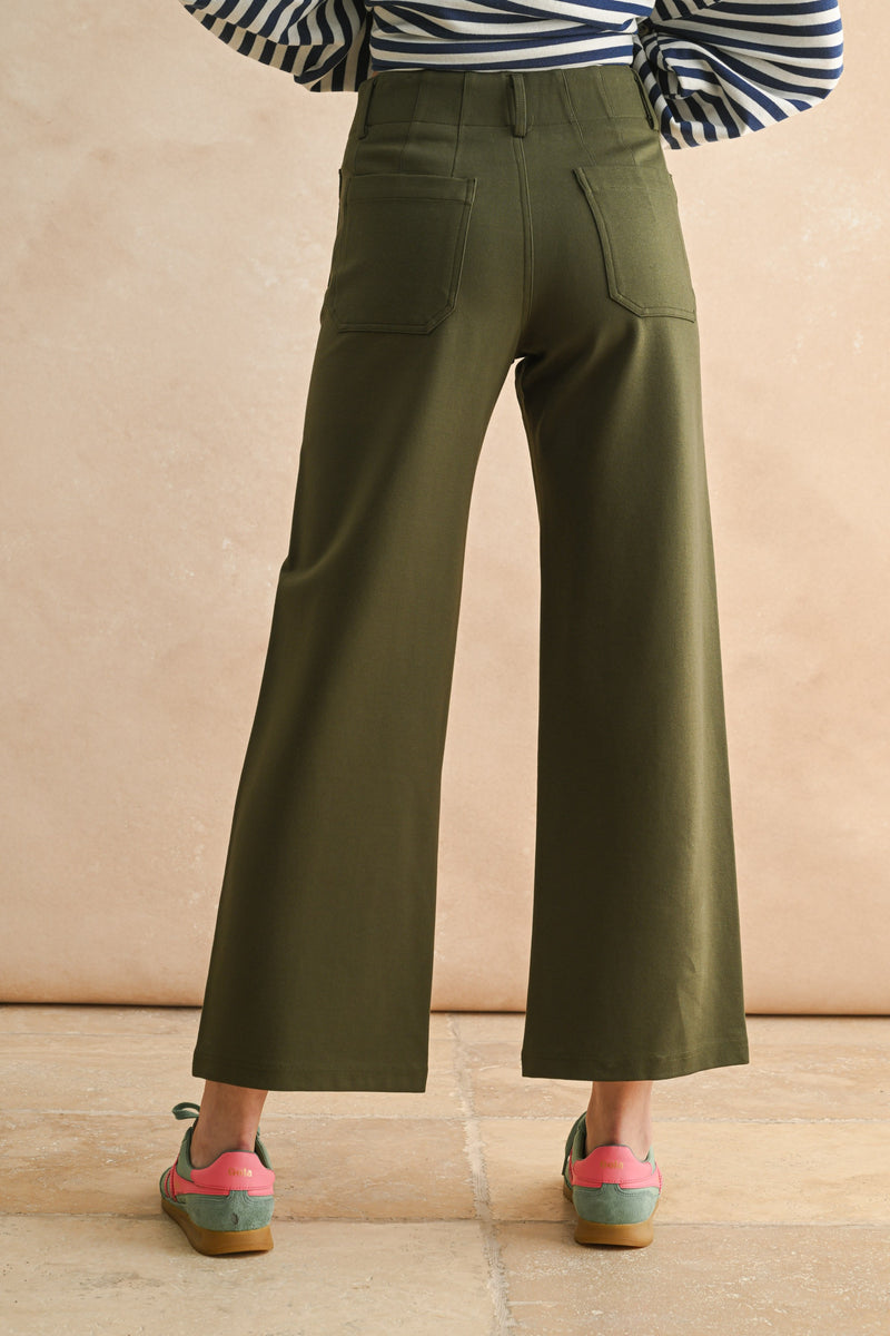 Cropped Wide Leg Ponte Fabric Pant - Olive Green