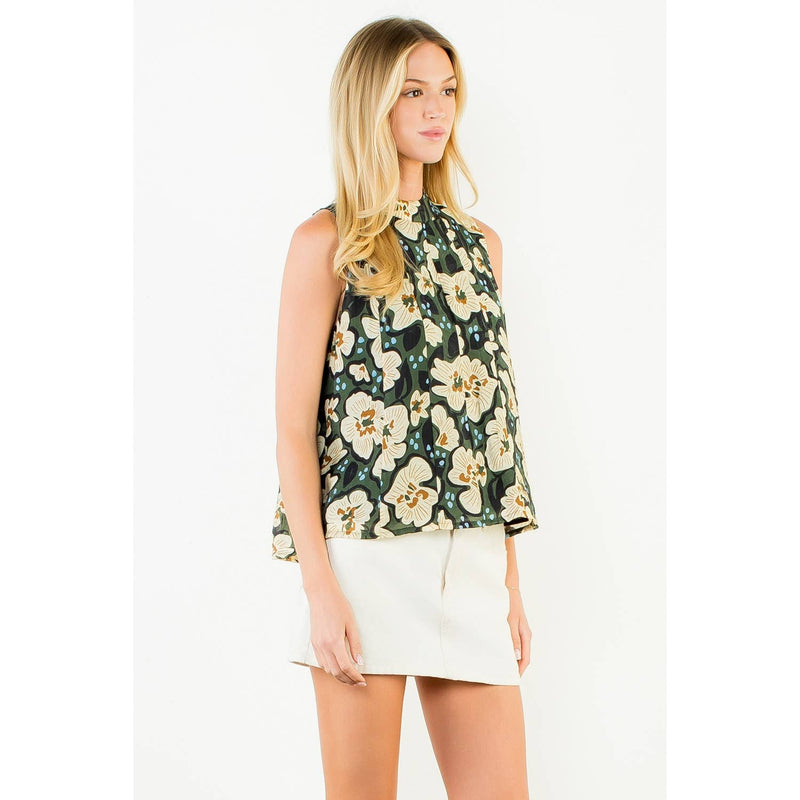 Sleeveless Floral Top W/ Tie Back - Olive