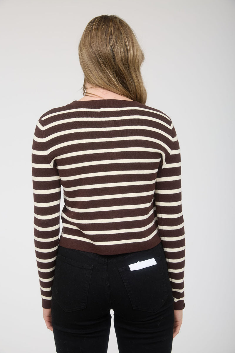 Stripe Gold Button Down Pocket Detail Cardigan-Brown