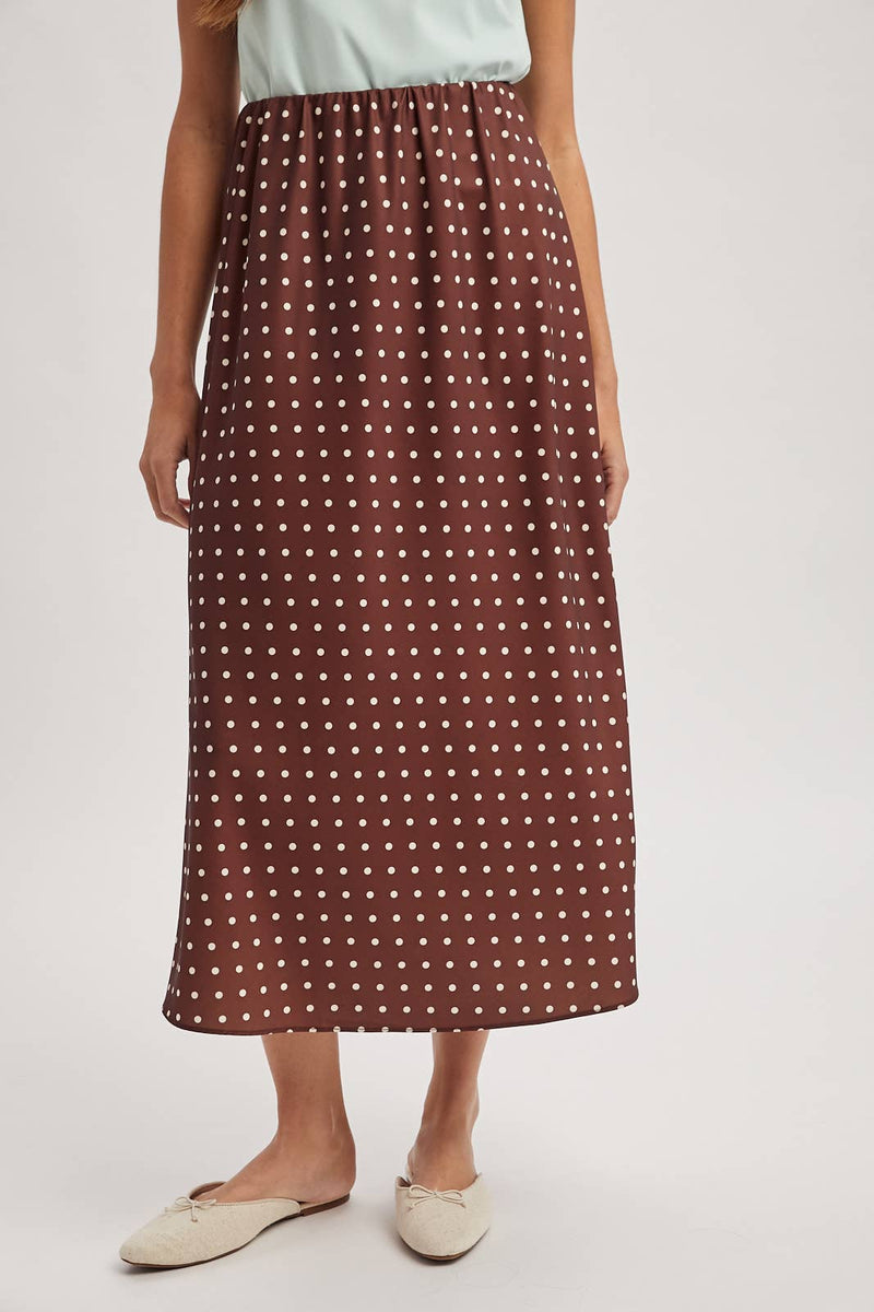 Polka Dot Satin Midi Skirt - Chocolate & White