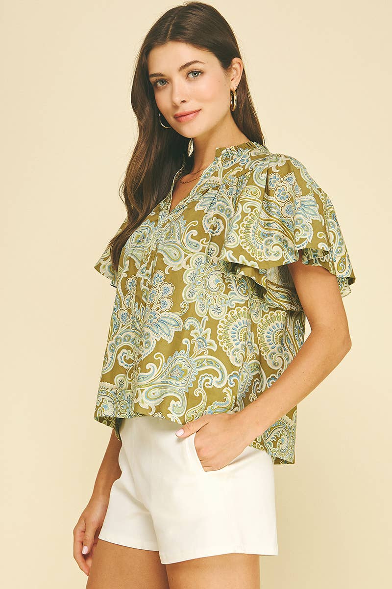 Paisley Print V-Neck Blouse - Khaki