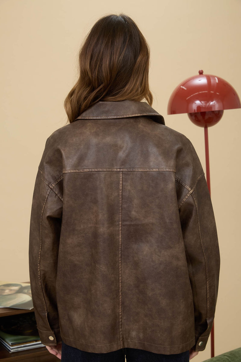 Washed Faux Leather Collared Zip UP Jacket - Brown