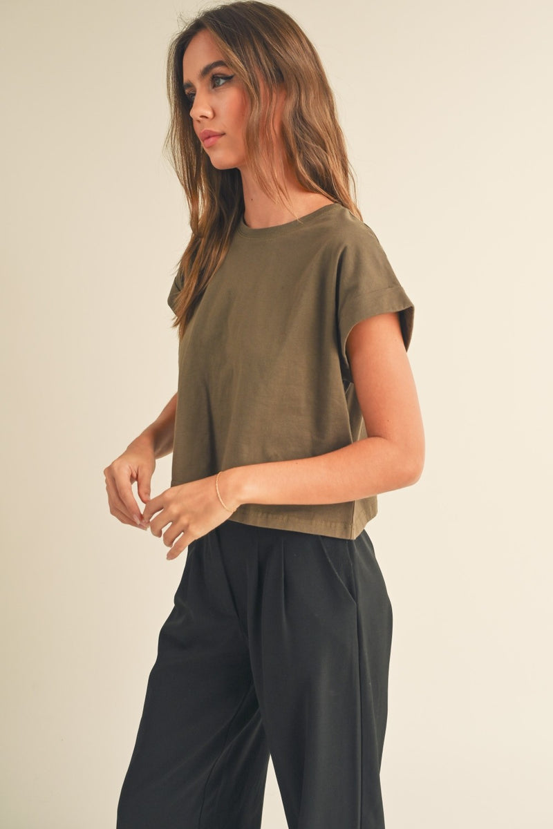 Round Neck Cuffed Sleeve Tee - Olive Green