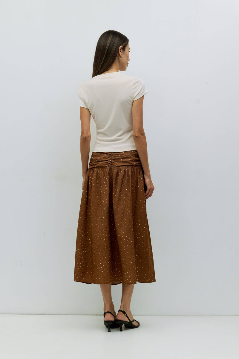 The Melinda Skirt | Ruched Polka Dot Midi Skirt - Brown