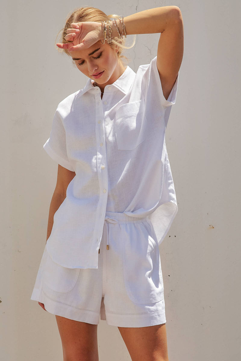 Linen Short Sleeve Button-Down Shirt - White