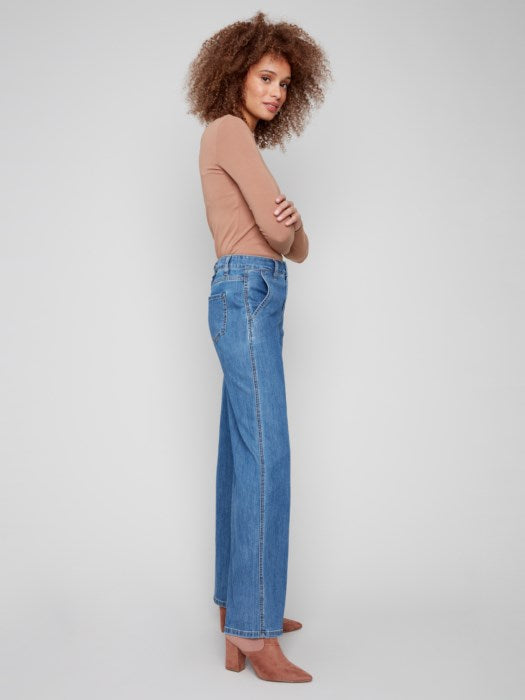 Wide Leg Stretch Denim Pants With Slash Pockets - Classic Denim Classic Blue