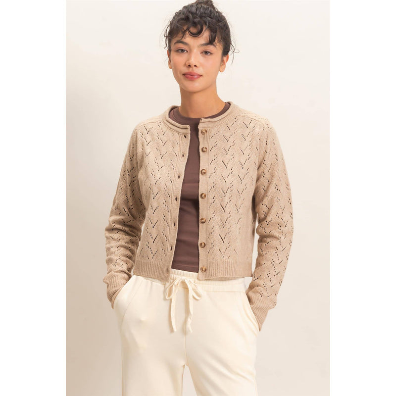 Pointelle Knit Button Front Sweater Cardigan - Dark Taupe