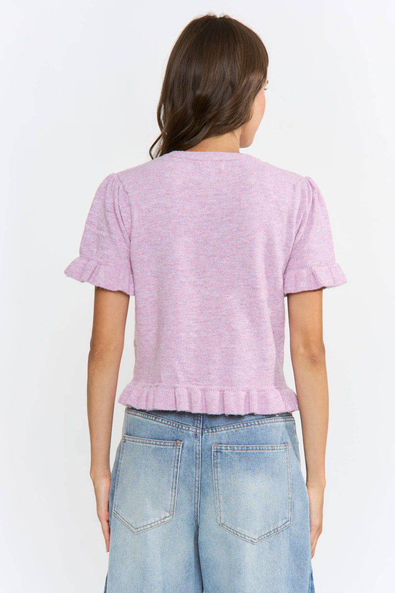 Button Up Knit Cardigan w/ Ruffled Accents - Light Purple