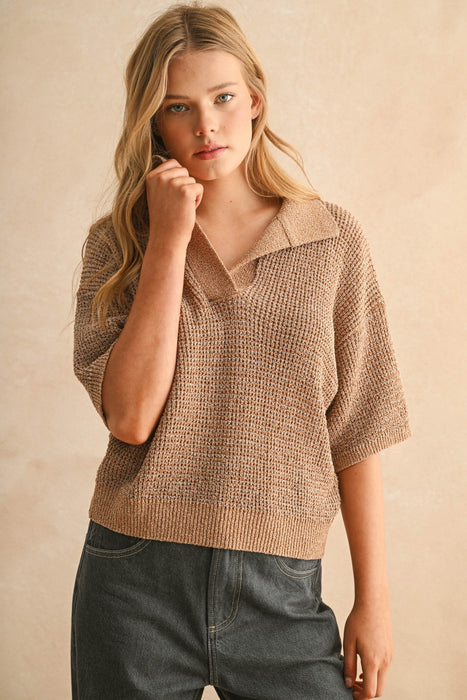 Collared Knitted Top - Mocha & Brown