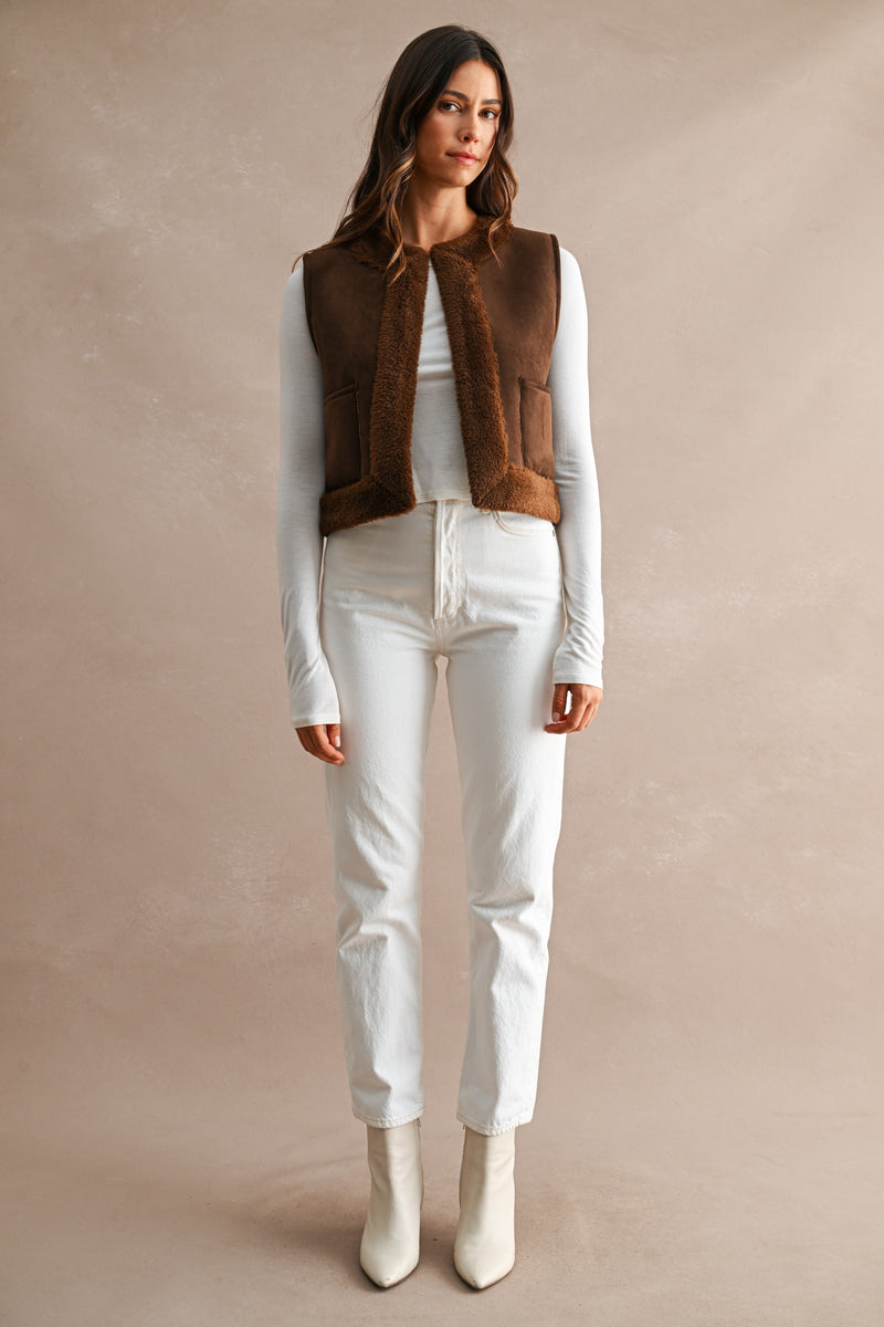Reversible Vest W/ Sherpa & Suede - Chocolate Brown
