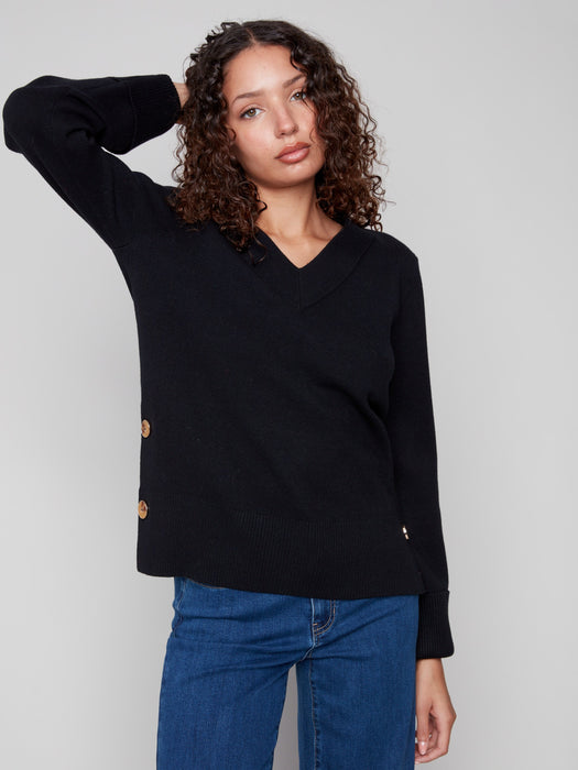 Solid V Neck Sweater - Black