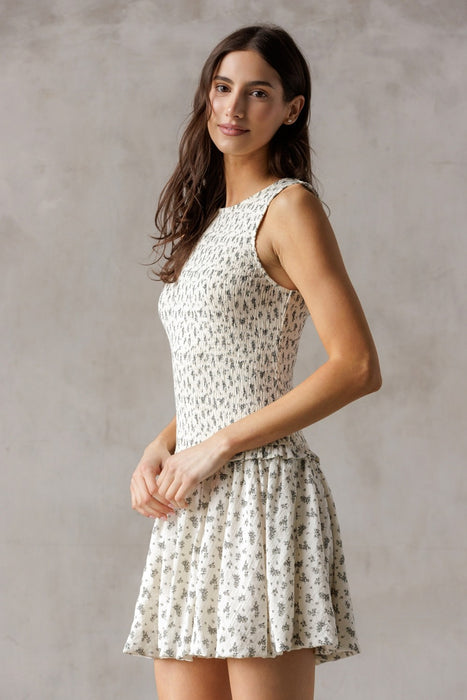 Drop Waist Bubble Hem Floral Mini Dress - Ivory & Black