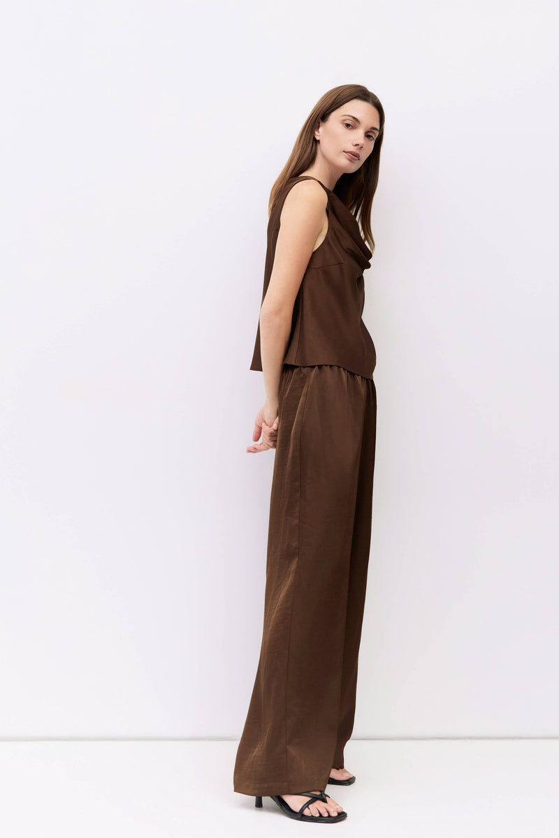 The Denver Top | Crushed Satin Cowl Neck Top - Brown