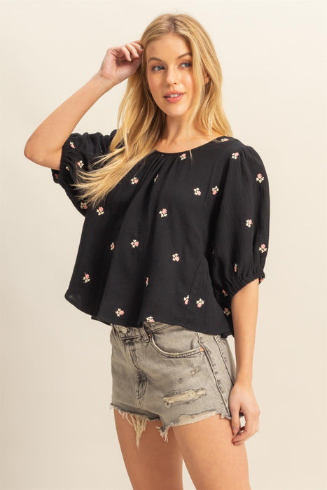 Floral Gauze Top - Black