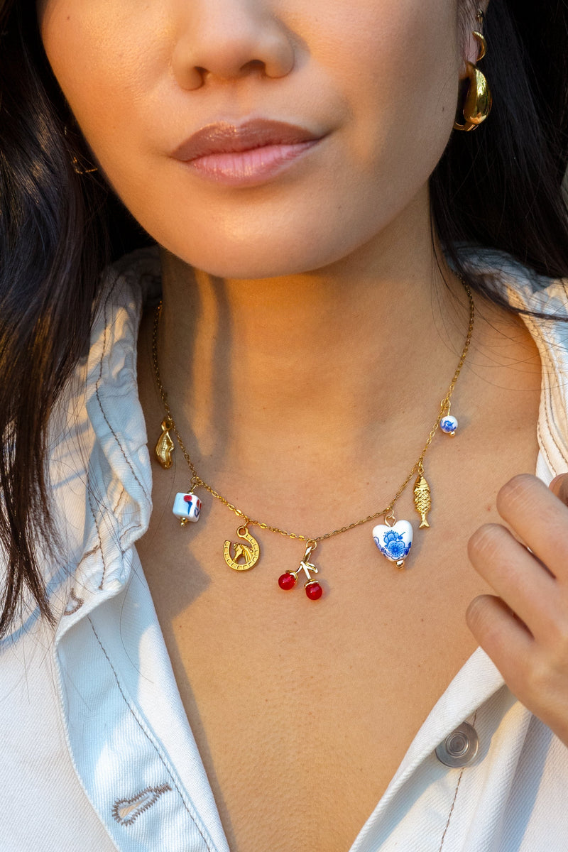 Peter + June • Lucky Charmed Necklace 18k Gold Plated Over Stainless Steel Ceramic