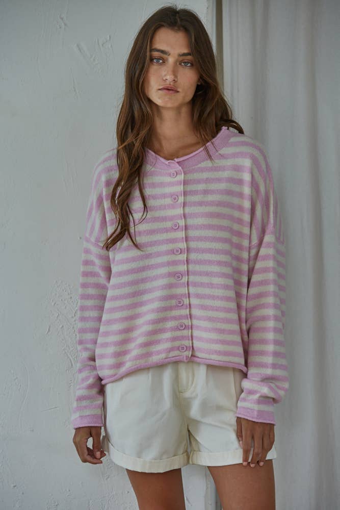 Striped Sweater Cardigan - Pink